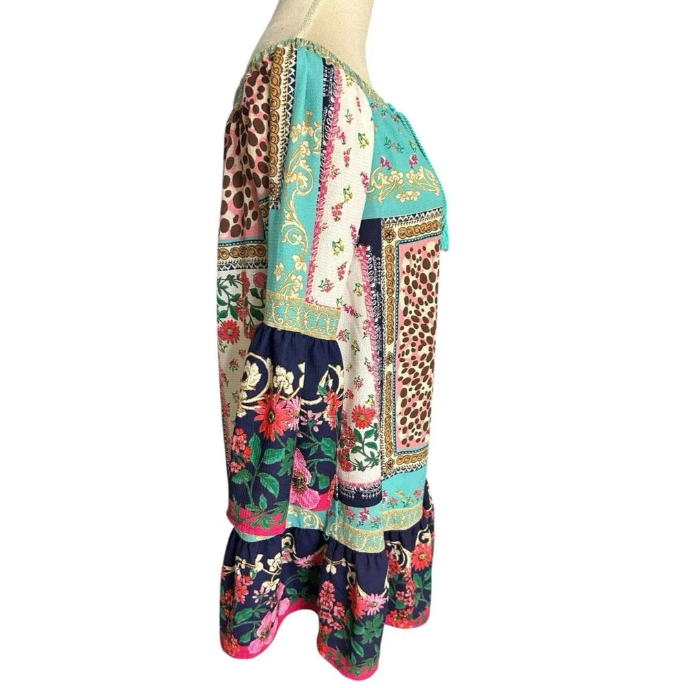 Umgee Off the Shoulder Dress S  Boho Bell Sleeve Floral Animal Tassel Ruffle Hem - Picture 6 of 9